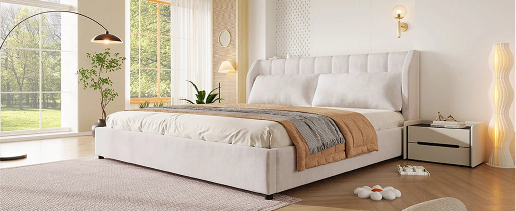DESMIU Letto matrimoniale 180 × 200 cm 2 posti con testiera imbottita, 2 cuscini, senza materasso, beige
