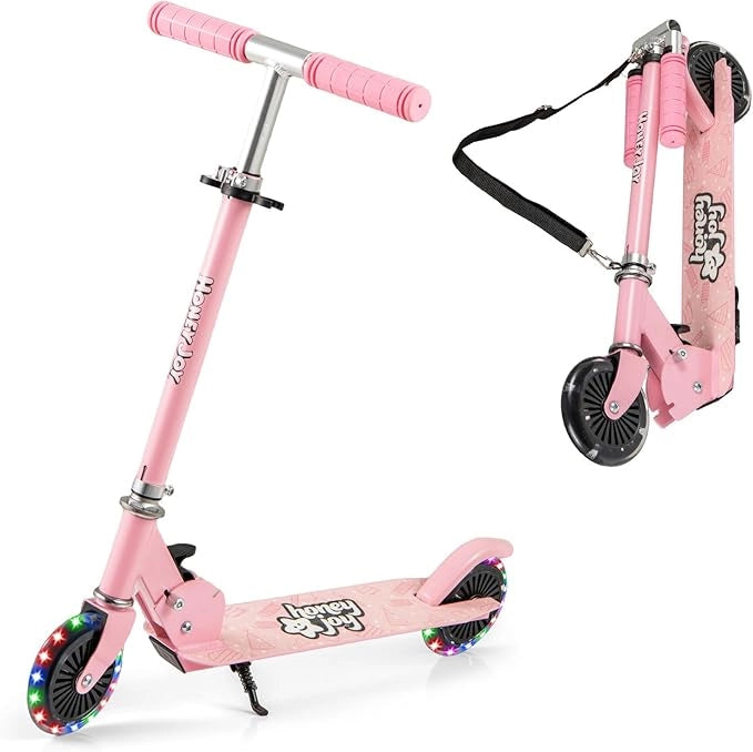 Monopattino per Bambini Pieghevole e Portatile, Monopattino a 2 Ruote con Manubrio Regolabile, Ruote Luminose a LED, Freno Posteriore e Tracolla, Ideale per Bambini e Bambine 3+