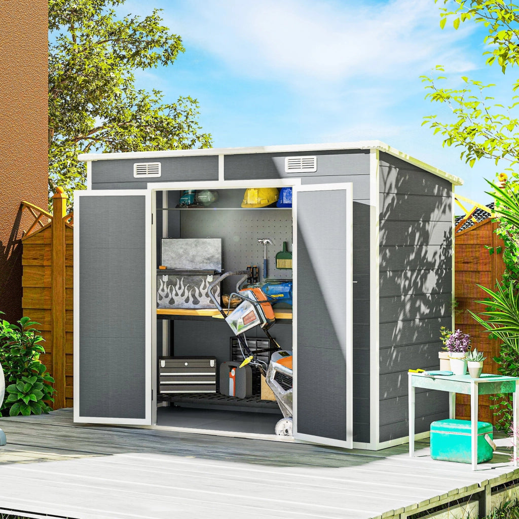 Casetta da giardino 2,4x1,3m ¨C Xylo ¨C resina grigio con pavimento finestra porte