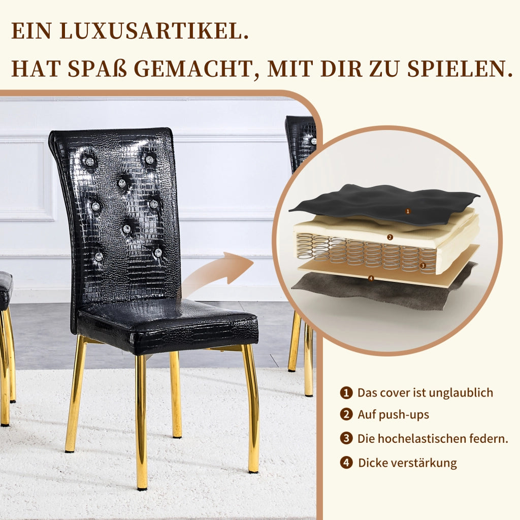 Sedia da Pranzo Set da 4 con Schienale Imbottito, Gambe in Metallo Dorato, in PVC Nero e Oro