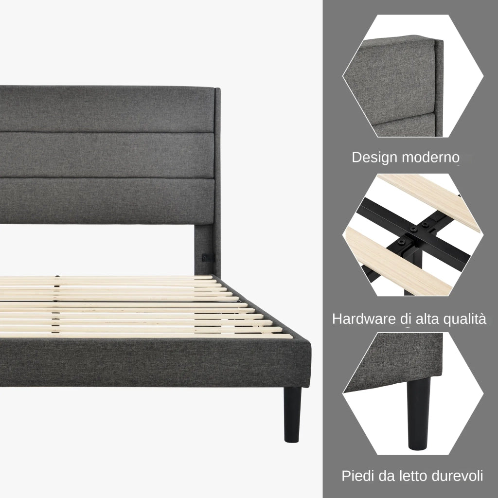 Letto matrimoniale imbottito 140x200 cm con testiera e rete a doghe; tessuto grigio scuro
