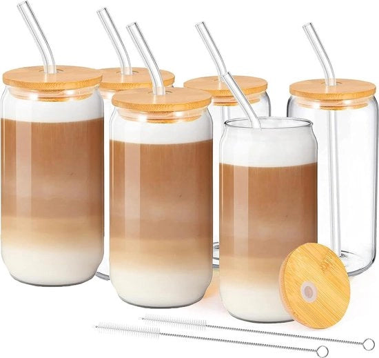 Set di bicchieri per caffè freddo in vetro da 6 pezzi con coperchio e beccuccio - bicchieri da 500 ml in forma di lattina per smoothies, latte macchiato e caffè freddo.