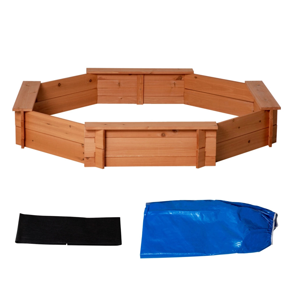 Sandbox in legno massello, ottagonale, 140x140x21.5 cm, con bache e copertura ¨C Minimal ¨C arancione