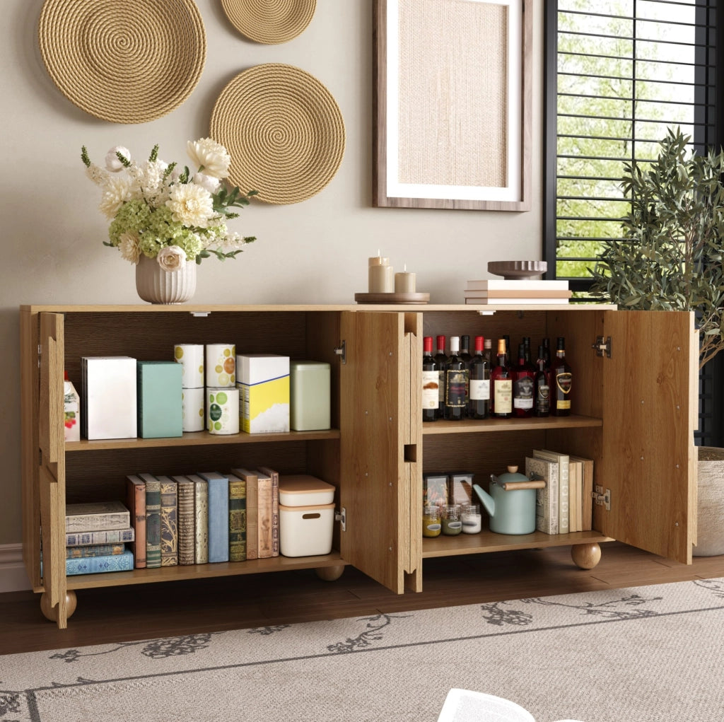 Sideboard a 4 ante con ripiani regolabili; 160x38x76 cm in MDF e pino; naturale