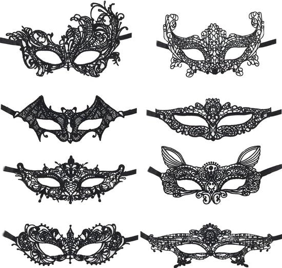 8 pezzi maschera mascherata a metà faccia con angolo veneziano nero