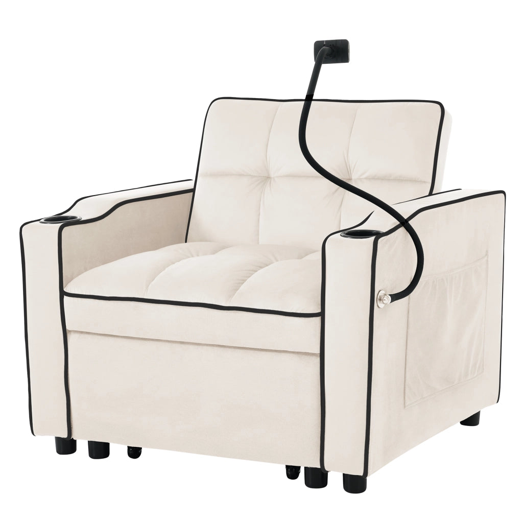Divano letto singolo 3 in 1 estensibile con portabicchieri, porta cellulare e tasca laterale, beige, 83x167x76 cm