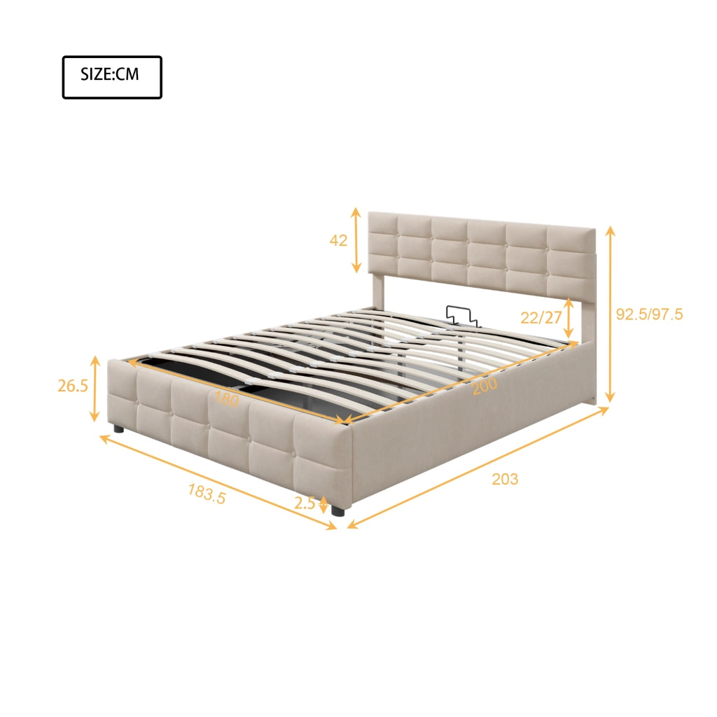 Letto contenitore matrimoniale 180×200 cm con rete sollevabile idraulica; senza materasso; velluto olandese; beige