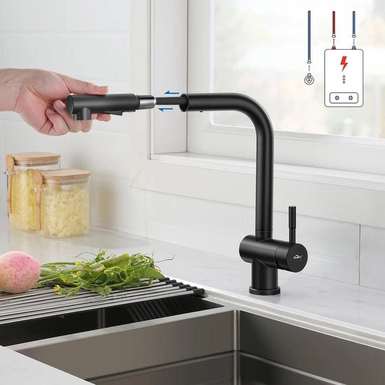 Lagedruk keukenkraan 360° rotante per boiler, con due tipi di rubinetto, con doppio getto d'acqua, per doccia, in nero.