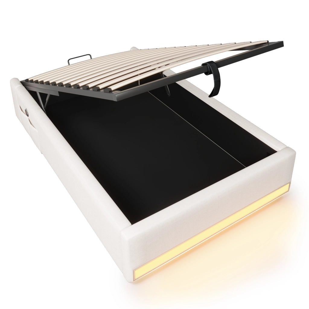 OKWISH Letto Singolo 90×200 cm con LED, USB, Type C e Contenitore, senza Materasso, in Lino, Beige