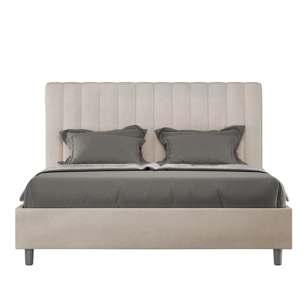 BS COM Letto queen size con rete imbottito 150x190 microfibra sabbia