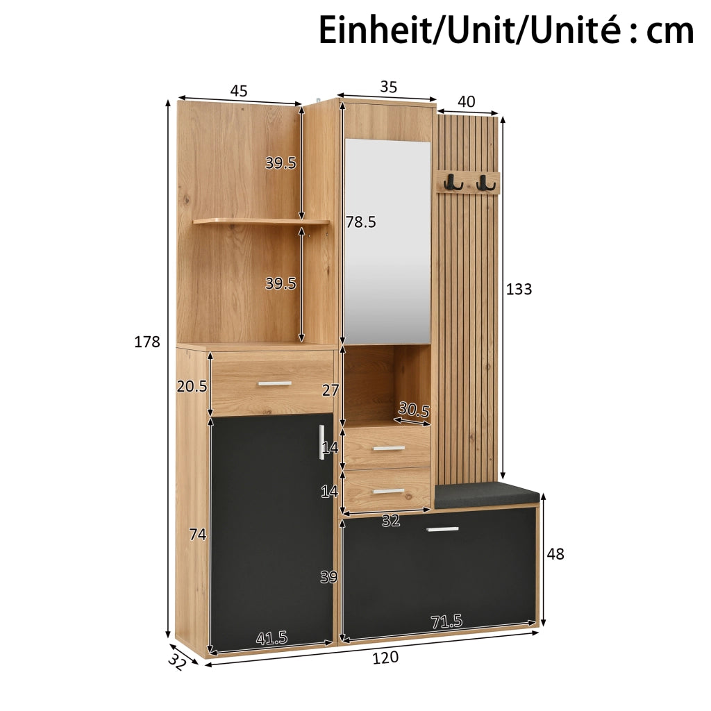 GUARDAROBA Ingresso con Specchio Panchina e Scarpiera LED 120x32x178 cm Nero Naturale