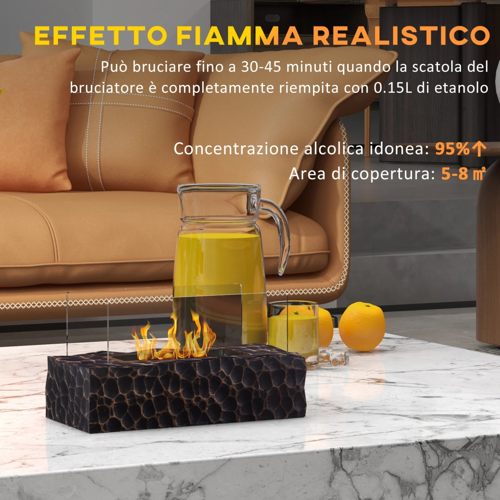 Camino a Bioetanolo da Tavolo con Bruciatore da 1.15L e Durata 30-45 Min., Biocamino con Pannello in Vetro e Spegnifiamma, 33x16x18cm, Nero