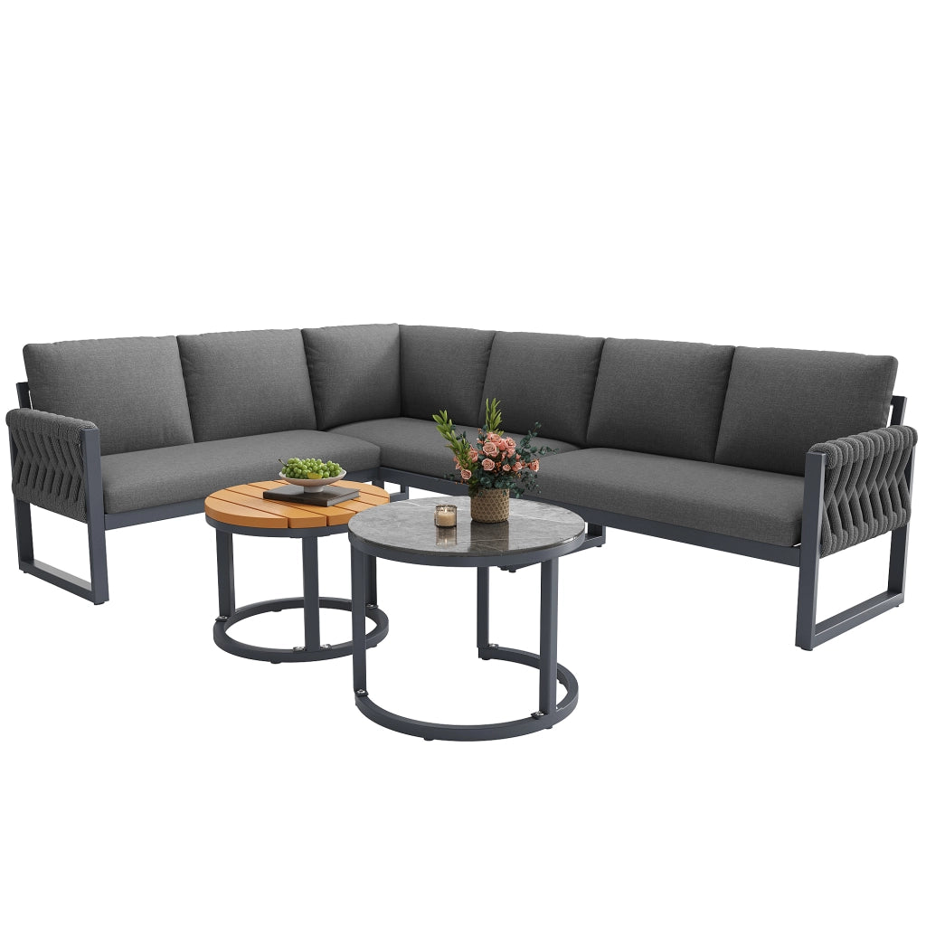 Set divano da giardino modulare 5-6 posti con tavolini; cuscini sfoderabili; grigio