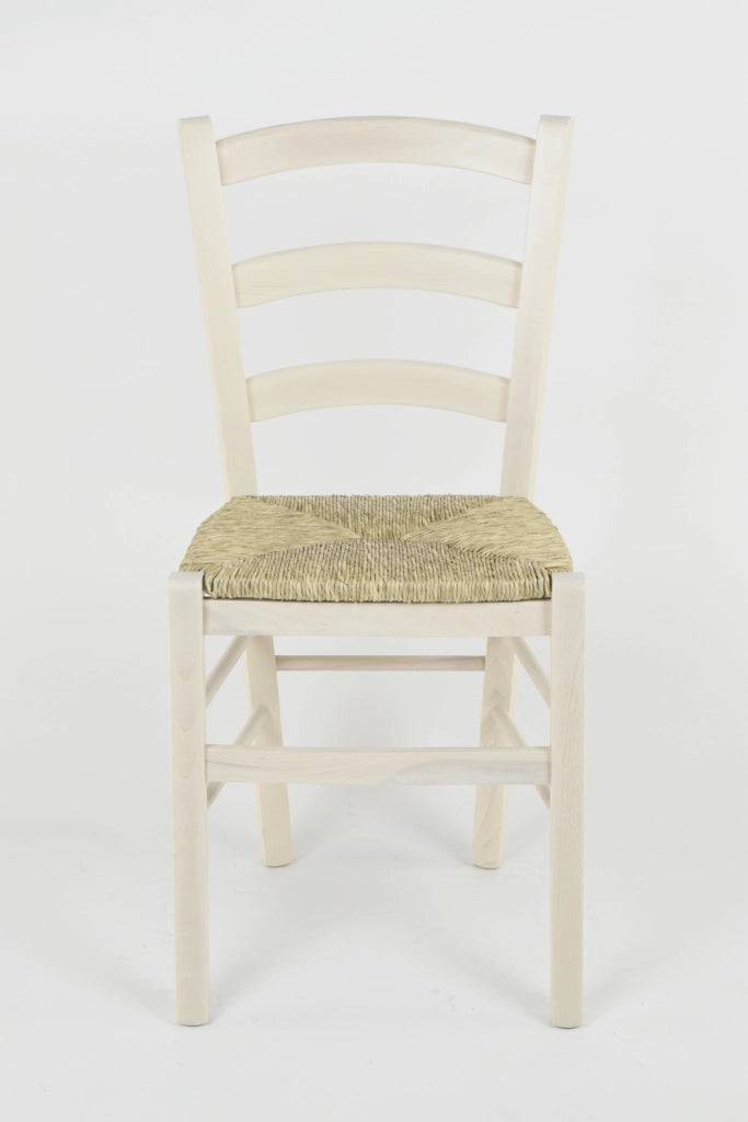 Sedia Venice Tommychairs, robusta struttura in legno di faggio verniciata in anilina bianca e seduta in paglia