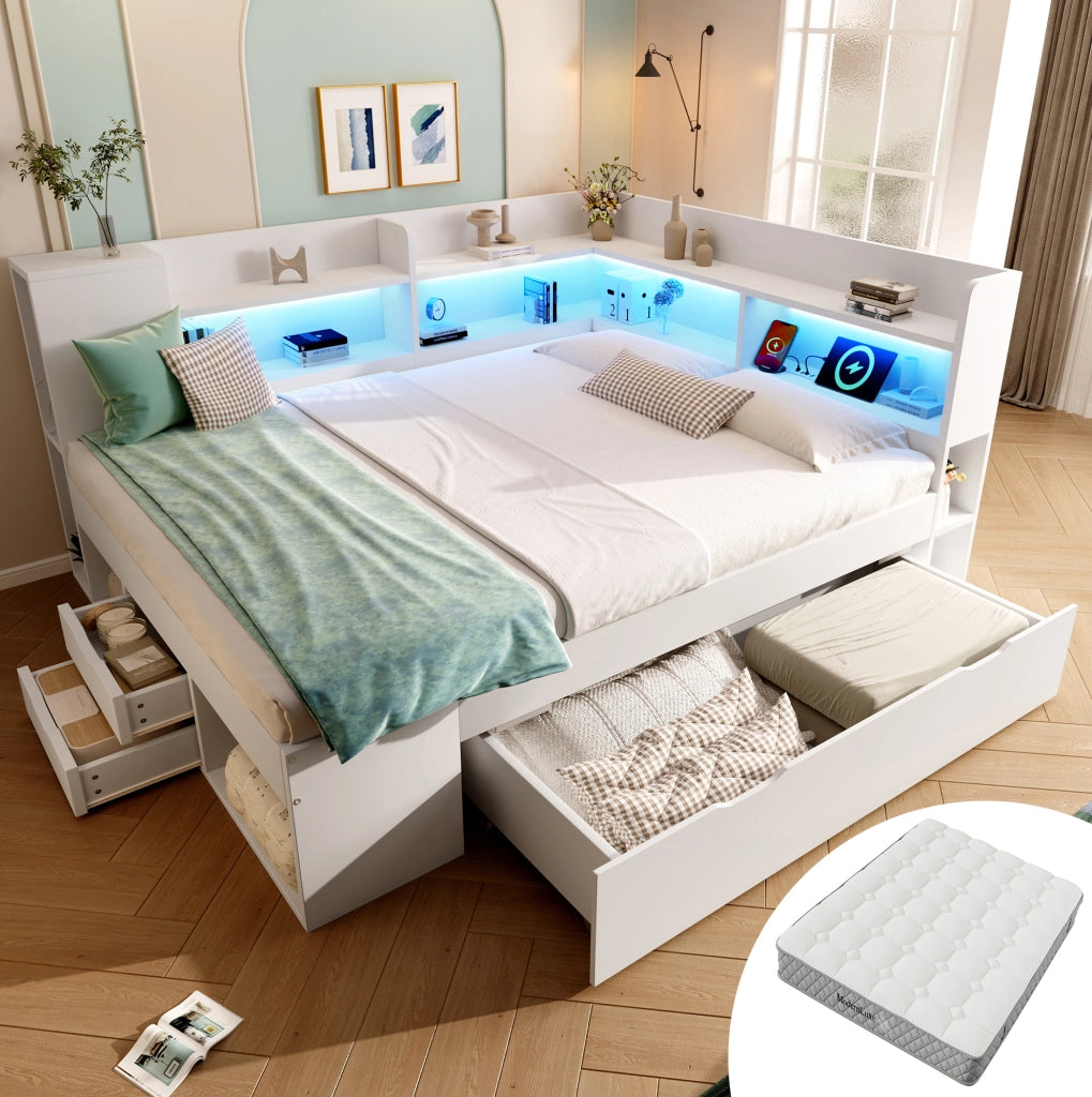 Letto contenitore bianco 140x200 cm con LED, prese USB e materasso incluso