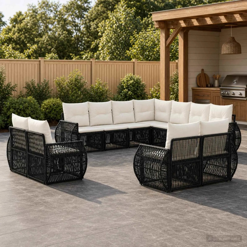 Set Divano da Giardino 11 pz Nero e Bianco Crema polyrattan 3435586