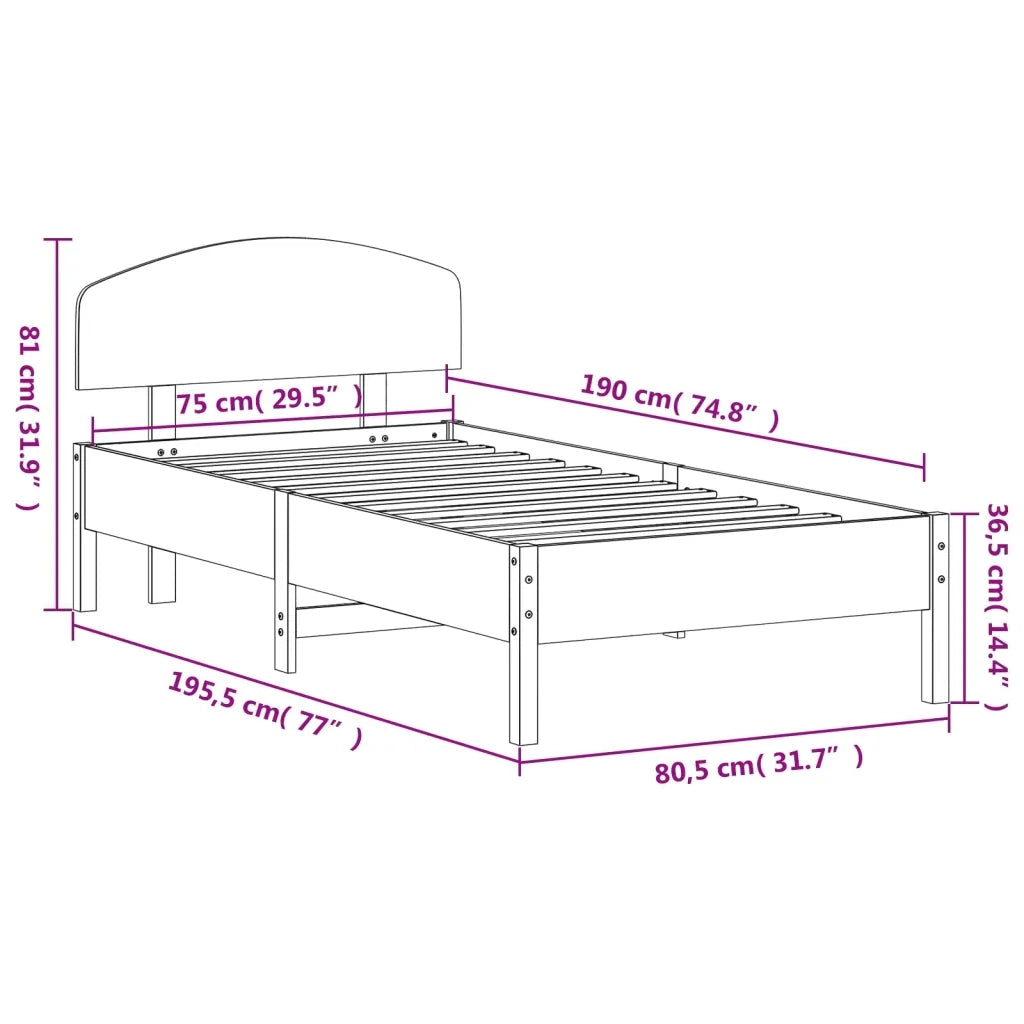 Letto singolo | Letto per adulti | Giroletto senza Materasso 75x190 cm in Legno Massello di Pino