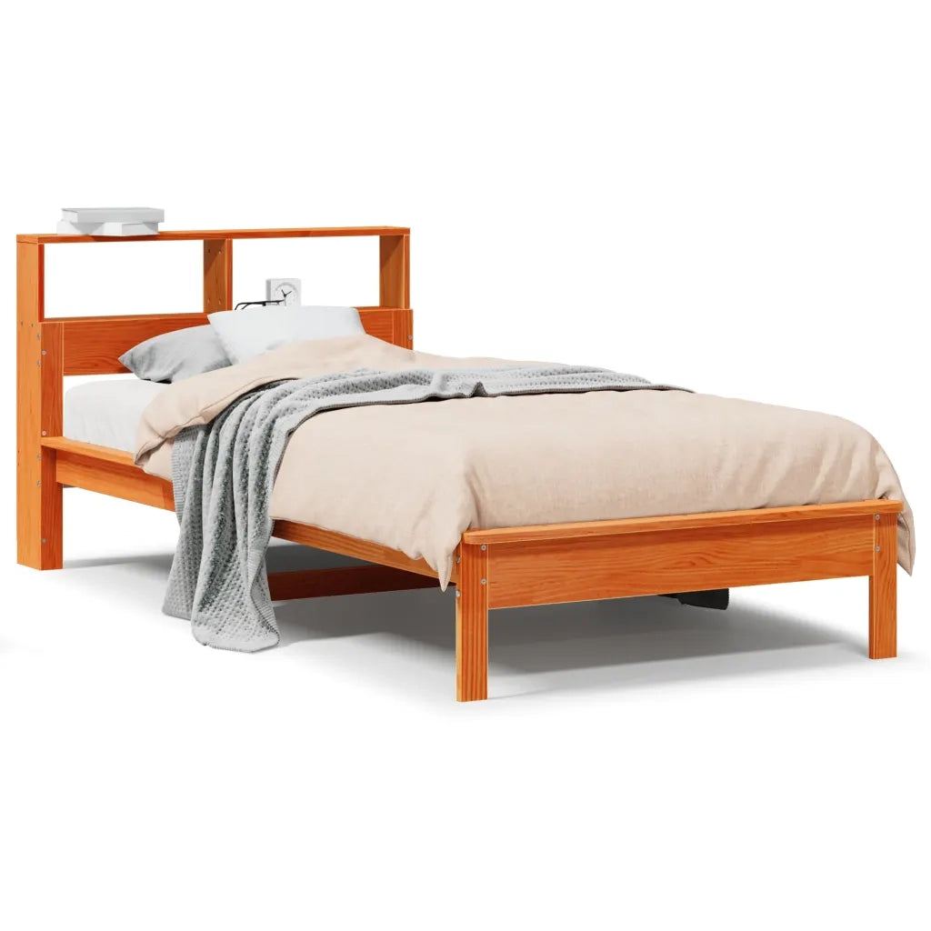 Letto Libreria senza Materasso-Struttura Letto con contenitore Marrone Cera 100x200 cm in Pino 958714