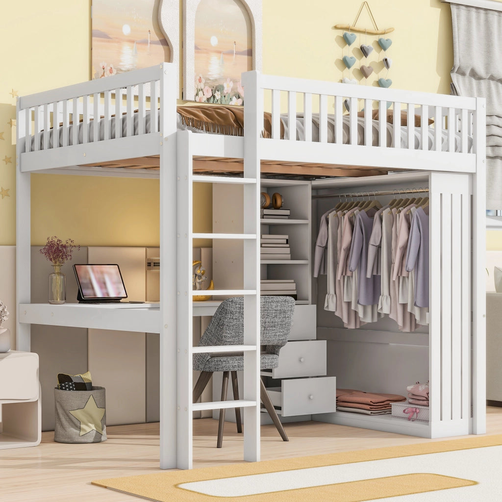 LETTO A CASTELLO con scrivania e armadio 140x200 cm bianco