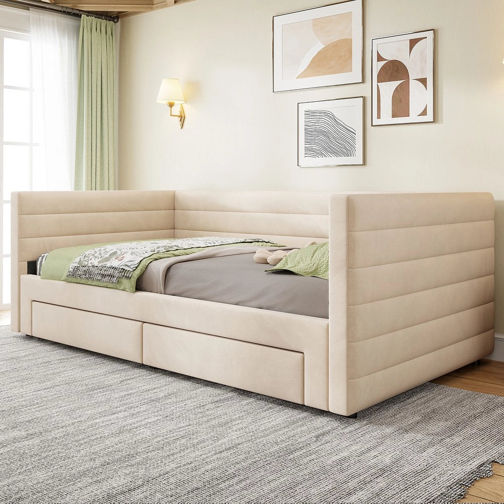 Letto Imbottito Estraibile 3 in 1 con Cassetti e Rete a Doghe ¨C MINIMAL ¨C Singolo/Matrimoniale 90x190, Beige