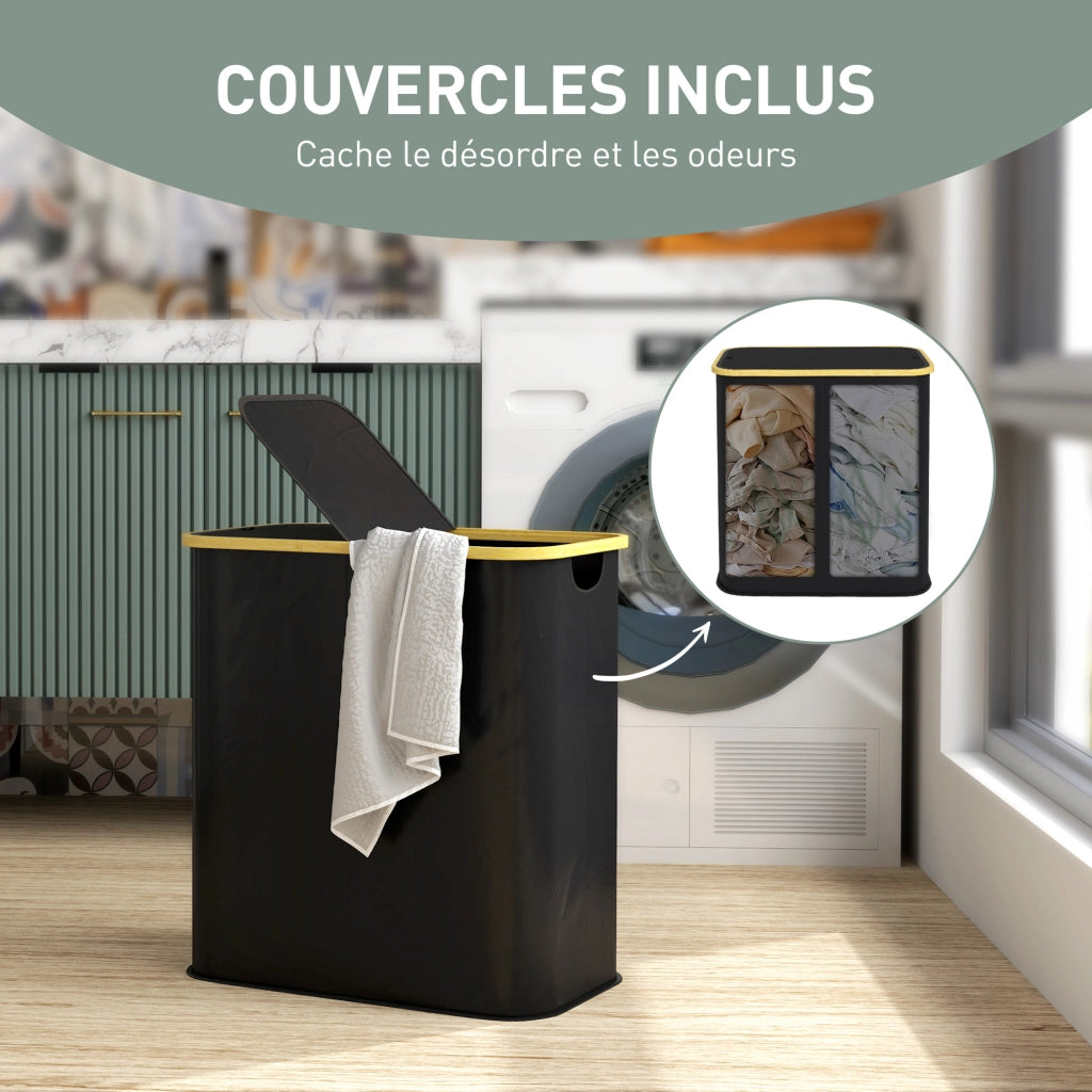 Cestello per biancheria pieghevole doppio con coperchio ¨C zephmum ¨C nero 80L