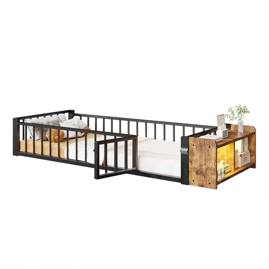 Letto per Bambini 90×200 cm; Letto Singolo con Sponda di Sicurezza; Vano Aperto e LED; senza Materasso; Nero