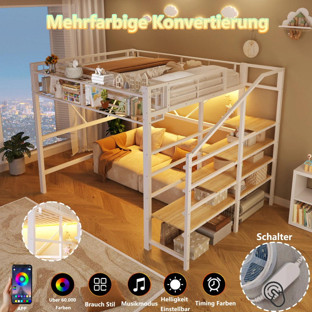 DESMIU Lit mezzanine 140 × 200 cm 2 posti con ripiani, LED, cestino portaoggetti, senza materasso, bianco
