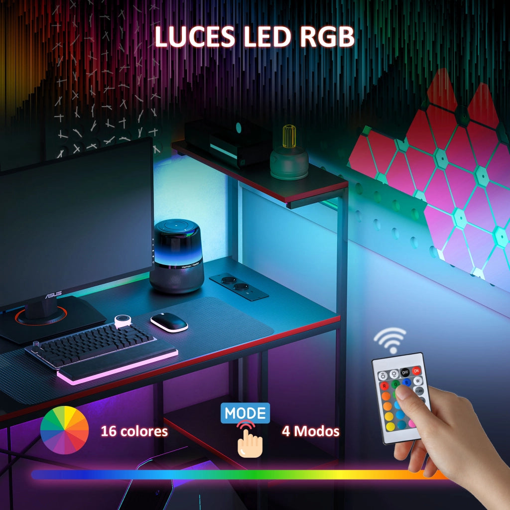 Scrivania Gaming con LED e Ripiani ¨C Zephmum ¨C Nero 110x50x75 cm
