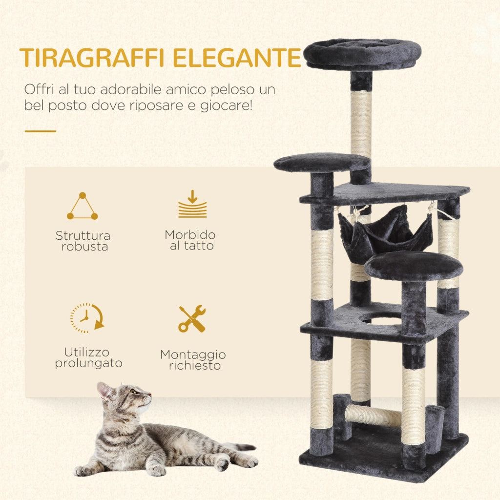 EasyComfort Albero Tiragraffi Giocattolo per Gatti a 4 Livelli con Amaca Cuccia Piattaforme in Peluche Sisal Naturale Altezza 132cm Grigio