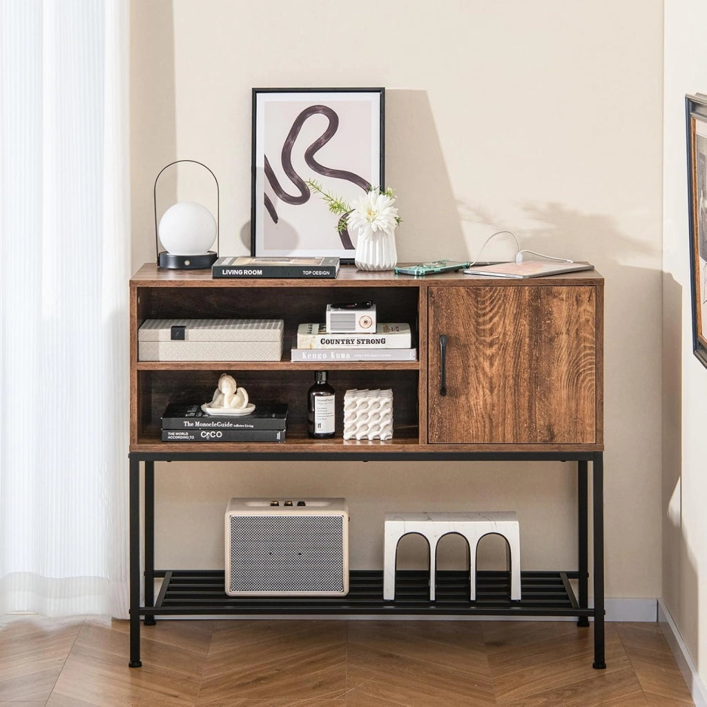 Credenza Buffet da Cucina, Mobile da Cucina con Prese Elettriche e Porte USB, con Portabottiglie e Mensole, per Sala da Pranzo, Soggiorno e Ingresso, 100 x 35 x 83 cm (Marrone)