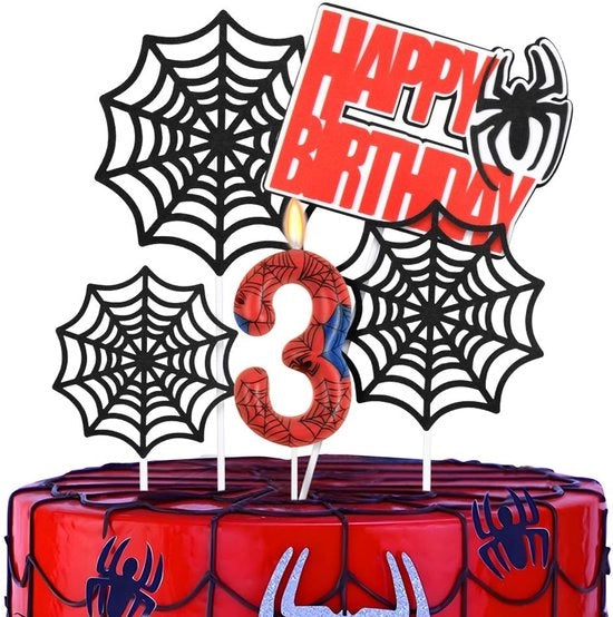 Verjaardagskaarsen Spider Thema Party Nummer 3, Decorazione con Spinnenweb e Fiammiferi Blu e Rosso per Bambini Decorazioni di Compleanno e Festa di Fine anno e Halloween.