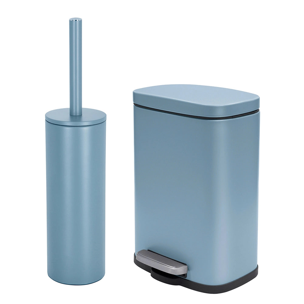 Set pattumiera 5lt a pedale e portascopino in acciaio azzurro polvere Axin