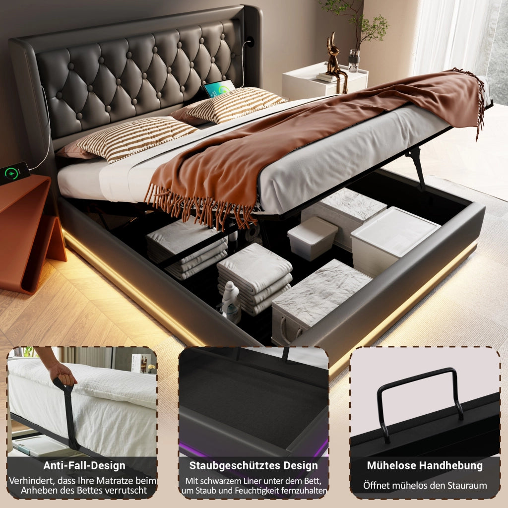 OKWISH Letto contenitore 140×200 cm, Letto Matrimoniale con Sollevamento Idraulico, USB, Type C e LED 3 Lati, senza Materasso, PU, Nero