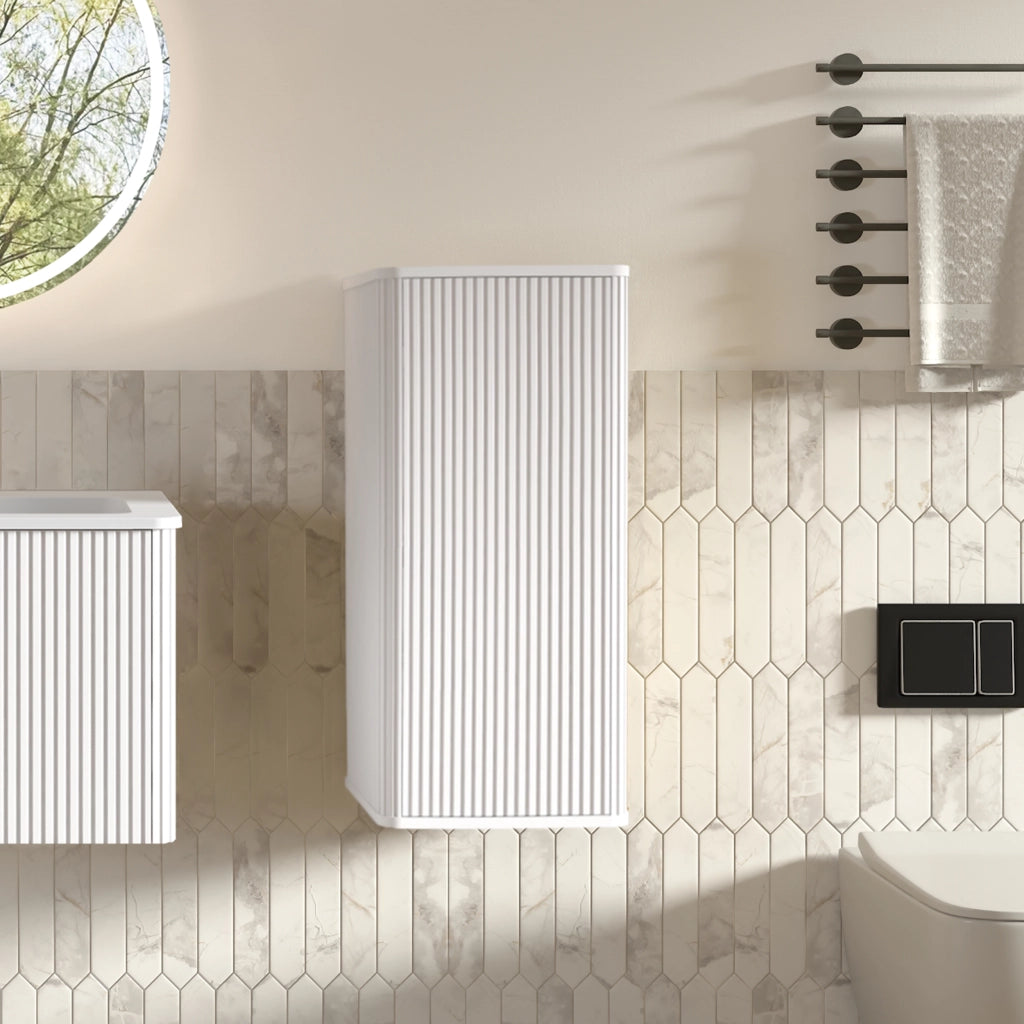 Set mobili da bagno sospeso con mobile lavabo e colonna, MDF bianco