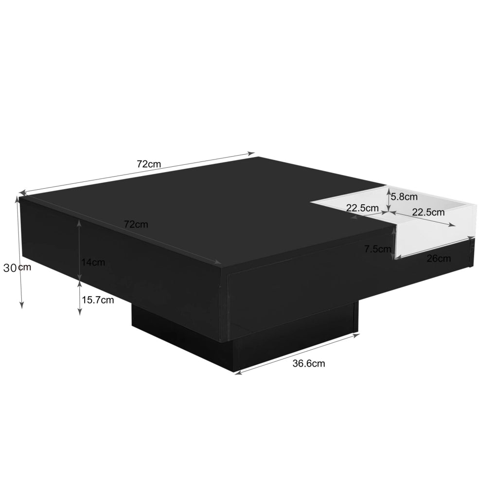 Tavolino da caffè moderno 72x72x30 cm in truciolare nero e bianco lucido con LED