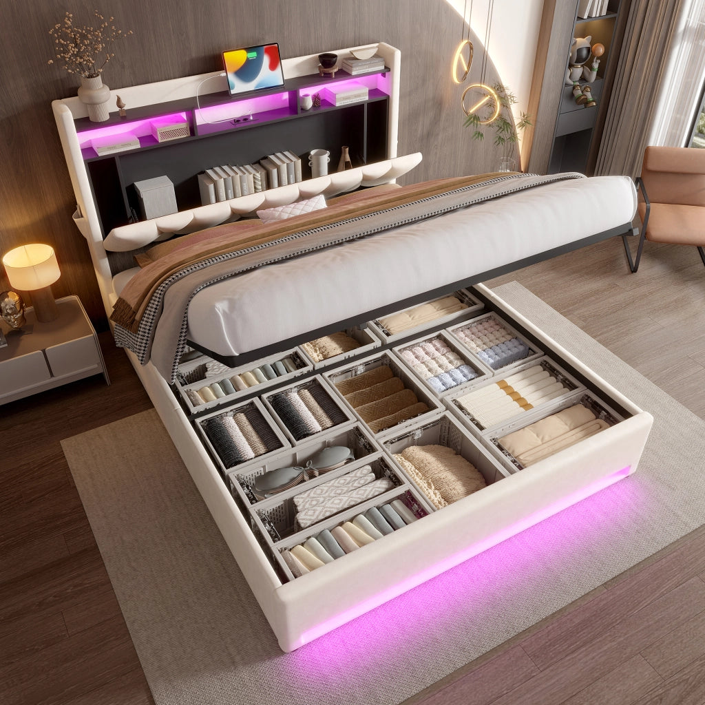 Letto Contenitore 160x200 cm con LED; USB e Type-C; Ripiano Testiera; Beige