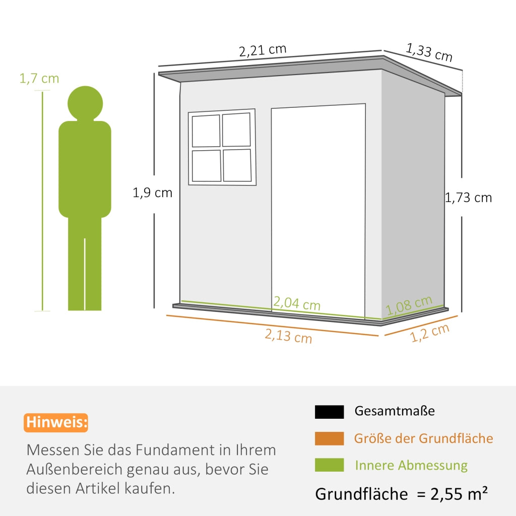 Casetta da giardino 2,55 m2, casetta da giardino con tetto a falda, 221 x 133 x 190/173 cm, capanno per attrezzi con porta chiudibile a chiave,