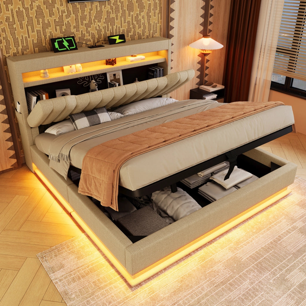 LETTO Contenitore 160x200 cm in lino beige con LED, USB e Type-C