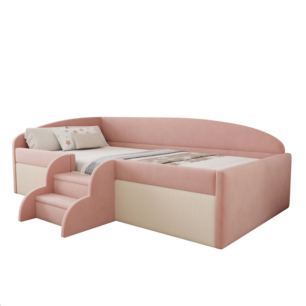 LETTO Imbottito con scalini e spondine 90x190 cm Velluto Rosa e Bianco