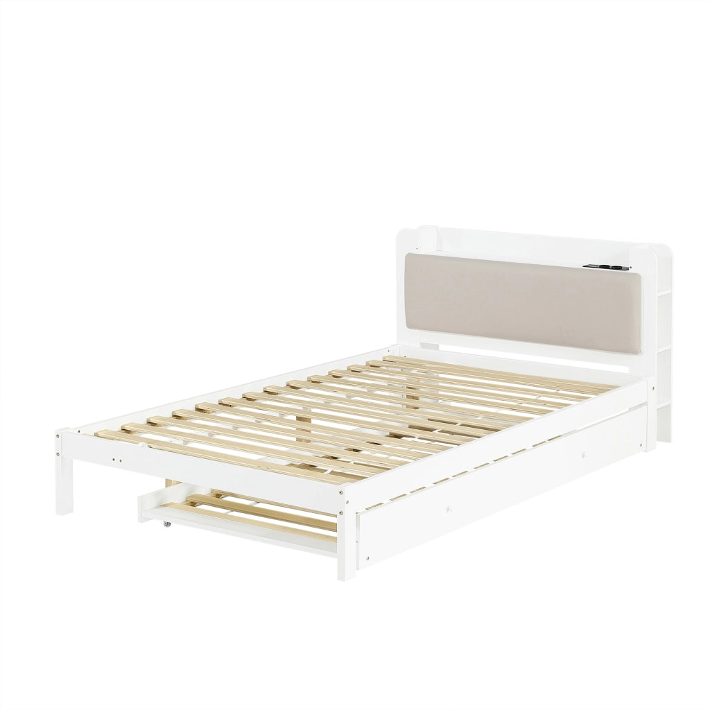 Letto funzionale 120x200 cm bianco con letto estraibile 90x190 cm, testiera imbottita e stazione di ricarica