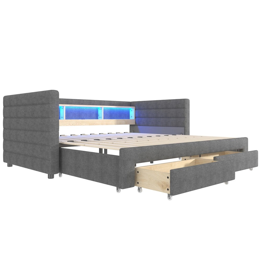 Letto Singolo Contenitore con LED ¨C MINIMAL ¨C Velluto Grigio, 90x190, USB, Cassetti