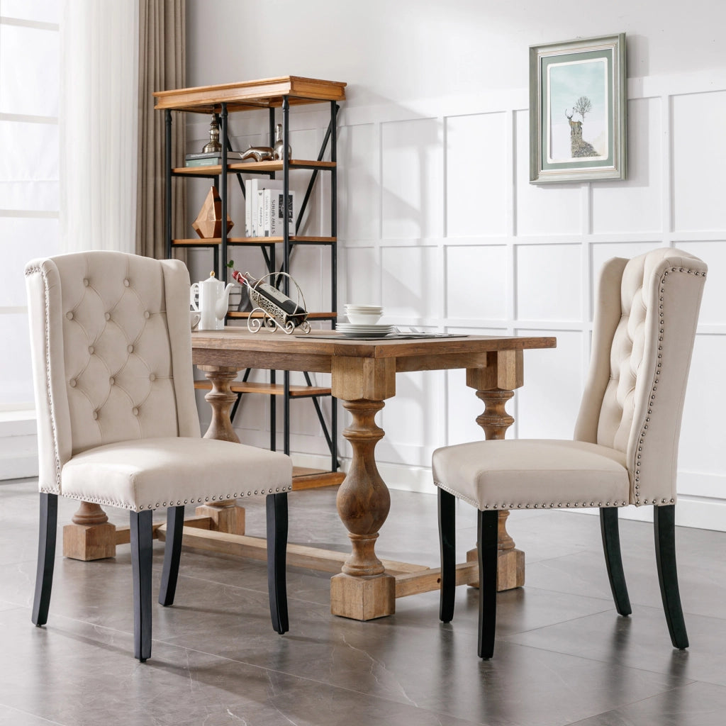 Sedia da sala da pranzo 2 pezzi in velluto con bottoni e borchie argentate, schienale curvo e gambe in rovere beige