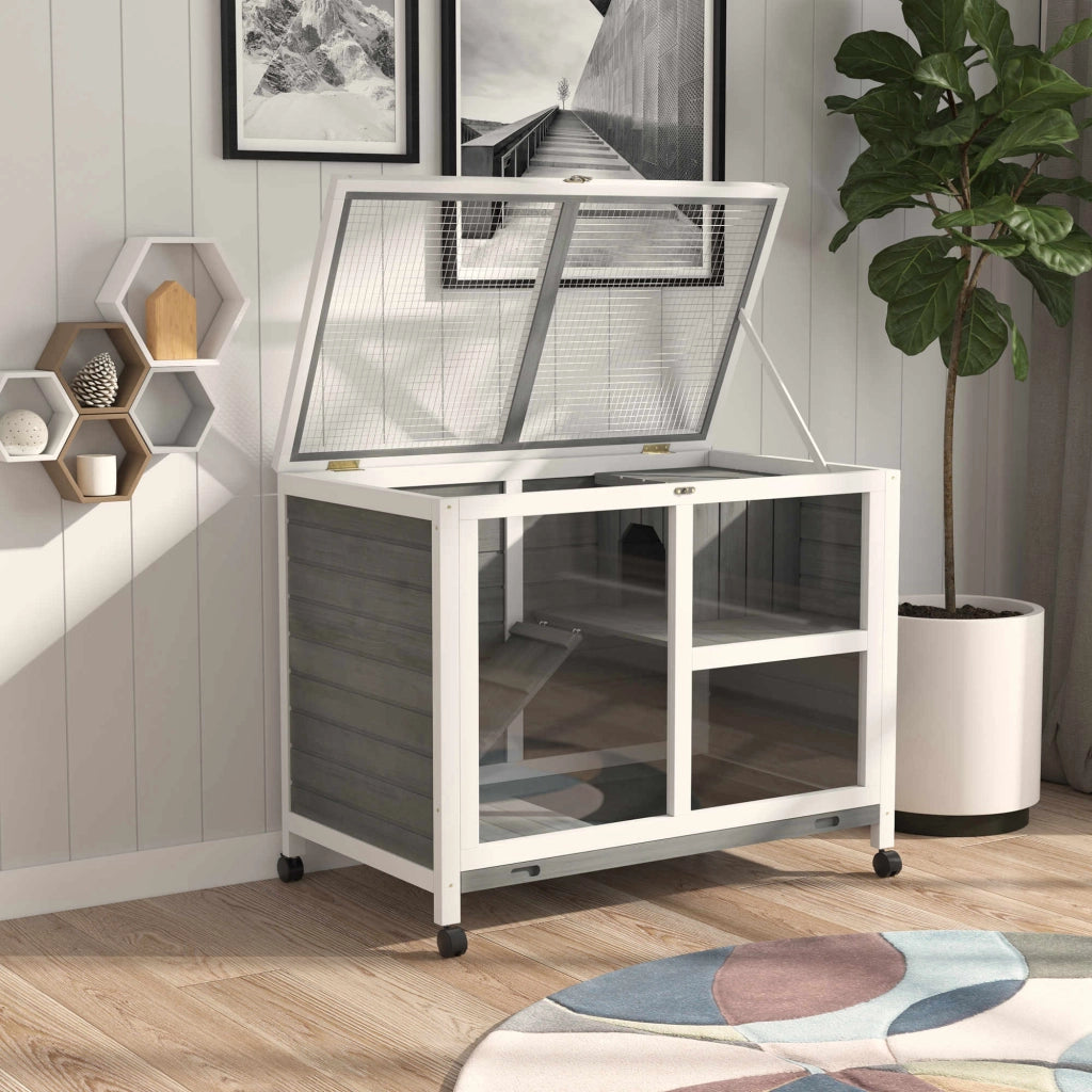 Casetta per conigli a 2 piani in legno massello con ruote ¨C Minimal ¨C 91,5x53,3x73 cm grigio