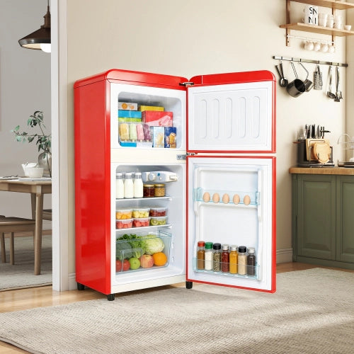 Frigorifero a doppia porta (86L) – controllo della temperatura a 7 livelli; classe di efficienza energetica E; luce a LED; ripiani regolabili e portauova – rosso