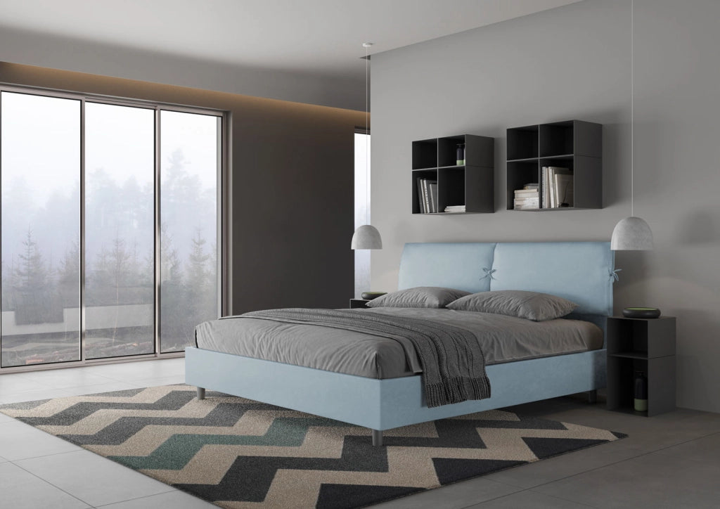 BS COM Letto matrimoniale king size con rete imbottito 180x210 microfibra azzurro
