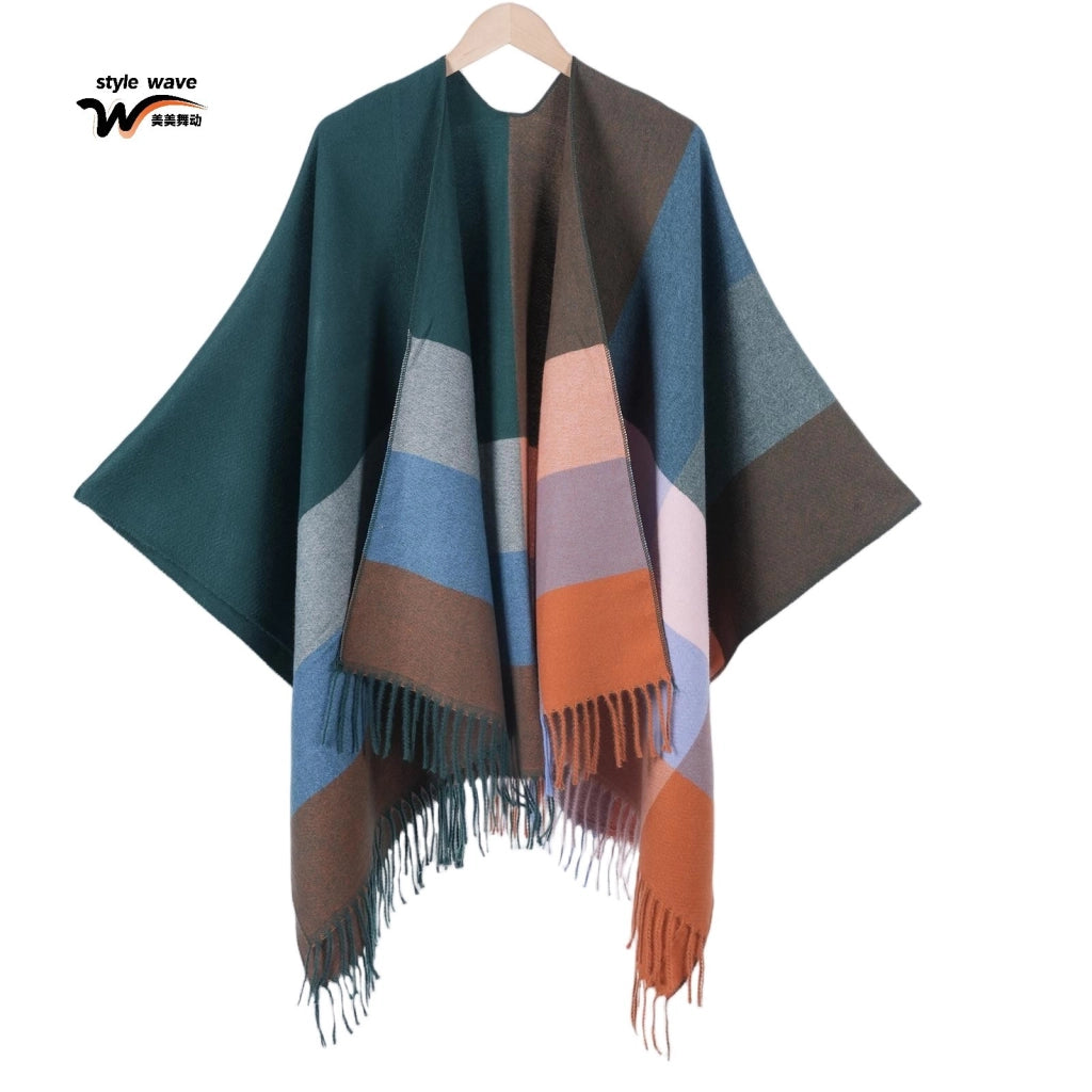 Nuovo scialle a quadri, cardigan/mantella da donna classico in jacquard con spacco e nappine, lavorato a maglia.