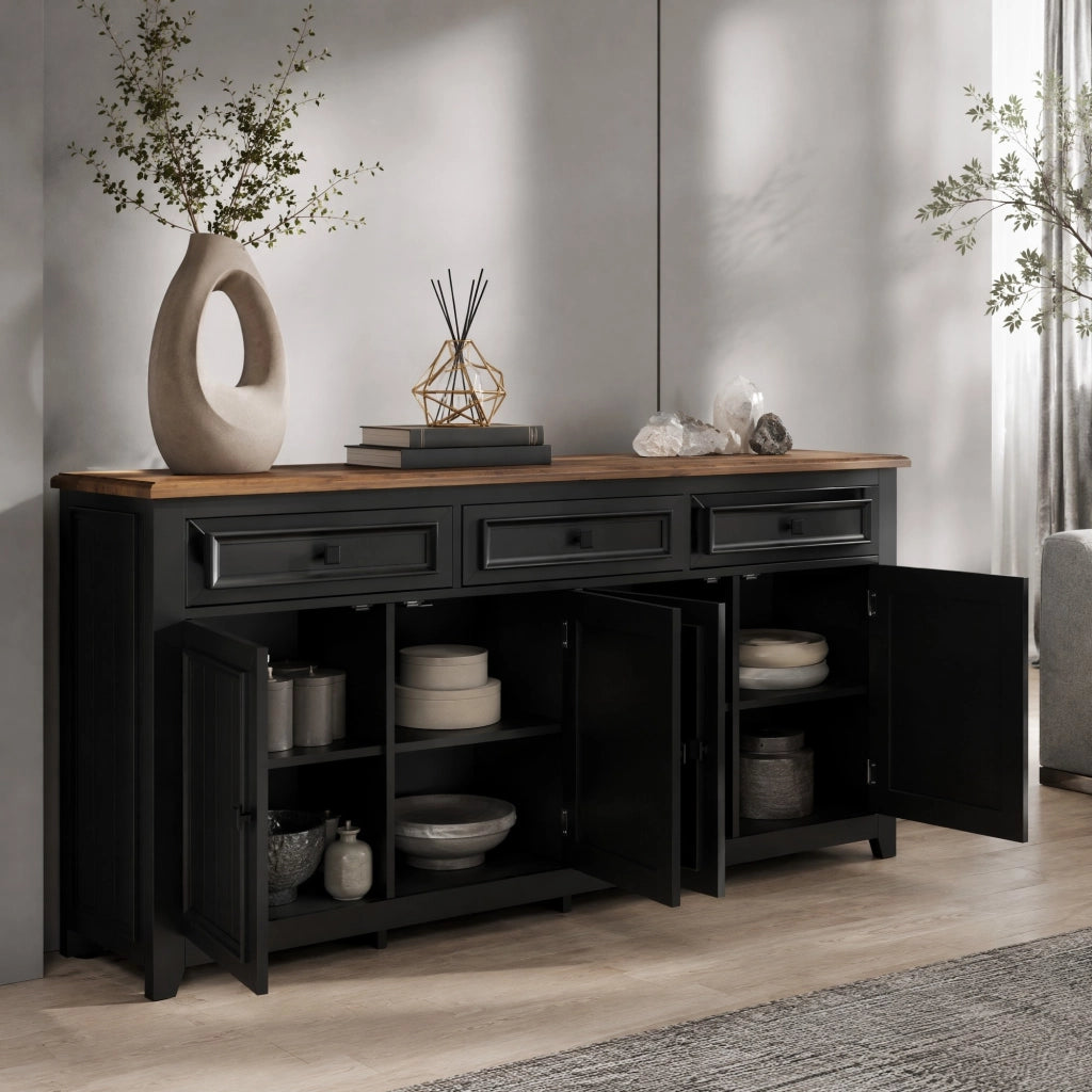 Sideboard moderno 160x35x76 cm in MDF nero con 3 cassetti e 4 ante