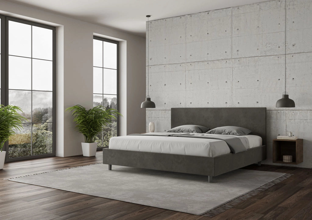 BS COM Letto matrimoniale king size con rete imbottito 200x200 microfibra grigio