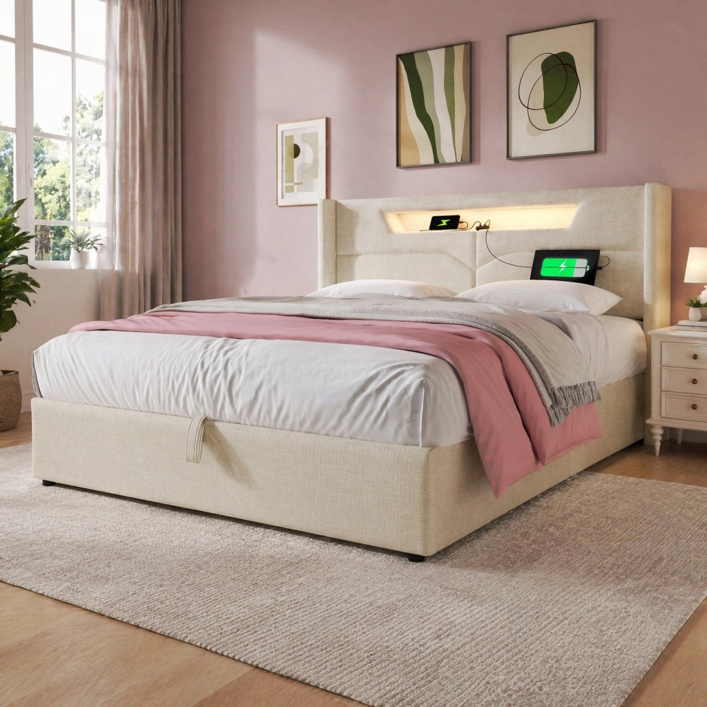 Letto matrimoniale imbottito 140x200 cm in lino beige con LED; USB e Type-C