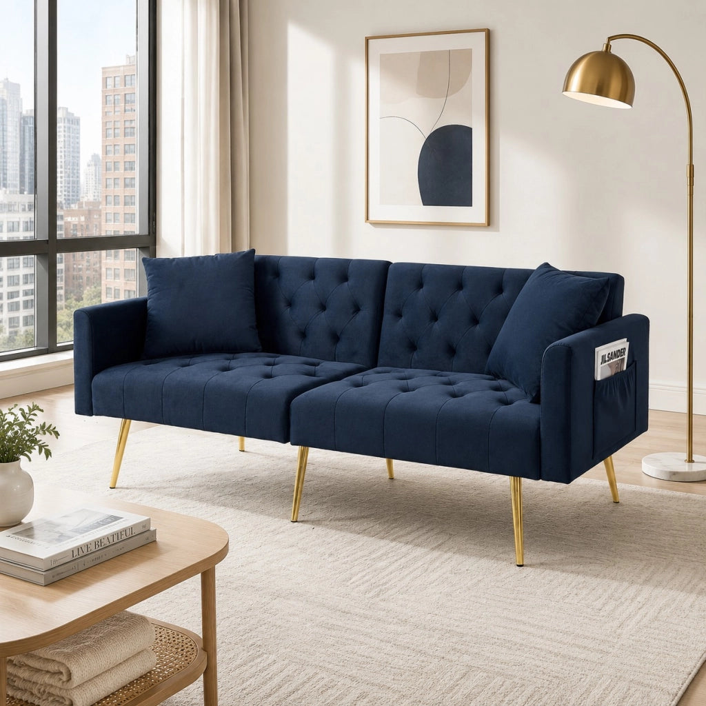 Divano a 2 posti in velluto blu con schienale regolabile a 3 posizioni e 2 cuscini